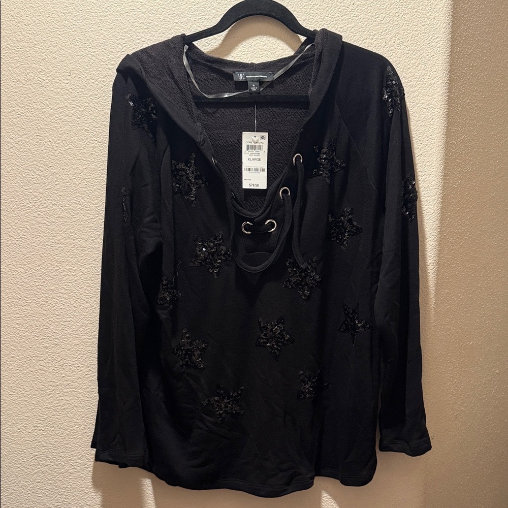 INC International Concepts Black Lace-Up Hooded Top with Star Sequin Accents